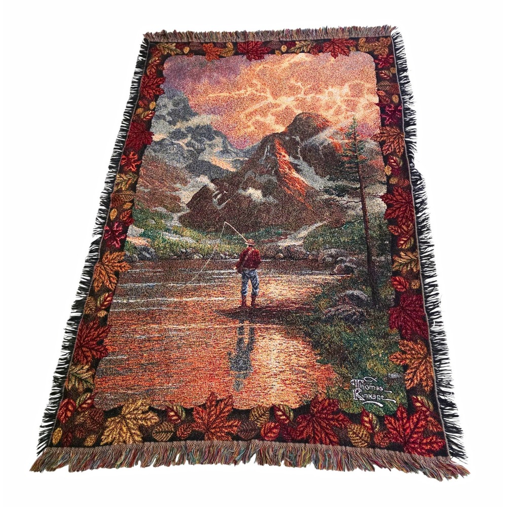 Thomas Kinkade 100% Cotton Fringed Tapestry 43x66 Mountain Throw Fisherman Fall